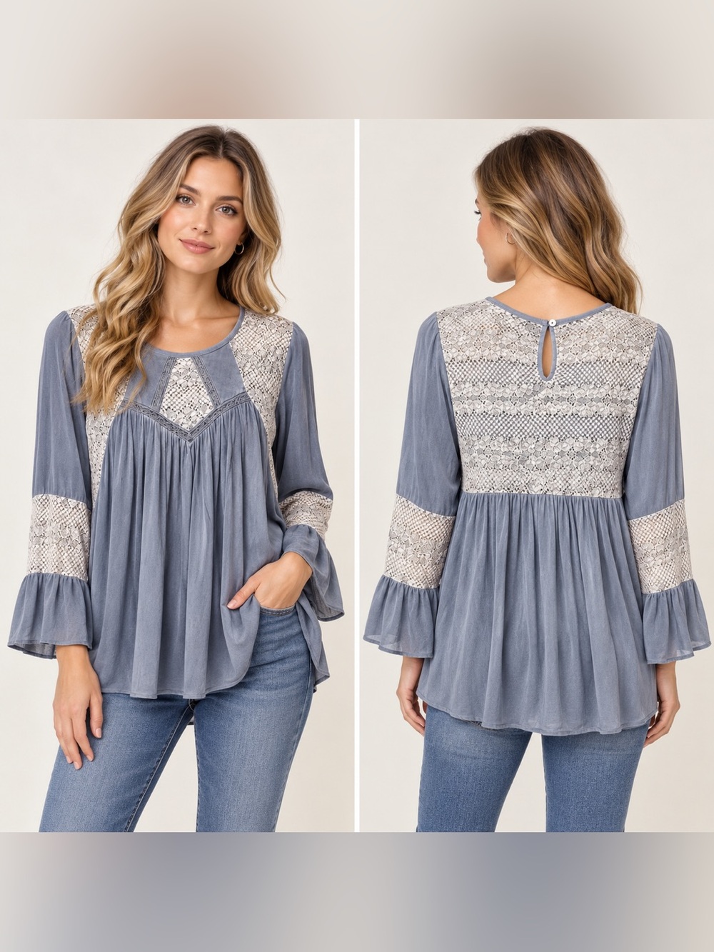 POL Dusty Blue Lace Yoke Peasant Tunic